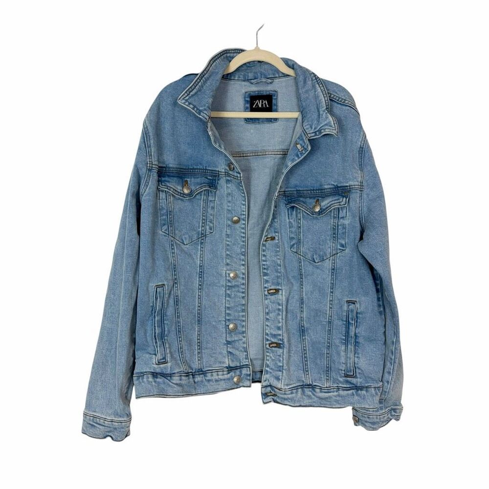 Zara Denim Jean Jacket Womens XL Blue Stretch Long Sleeve Button Front Trucker